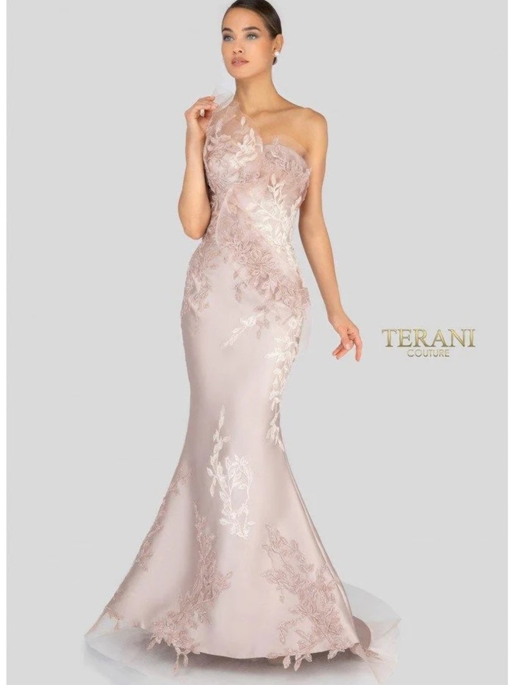 Terani Couture 1911E9095 Champagne One-Shoulder Lace Mermaid Gown